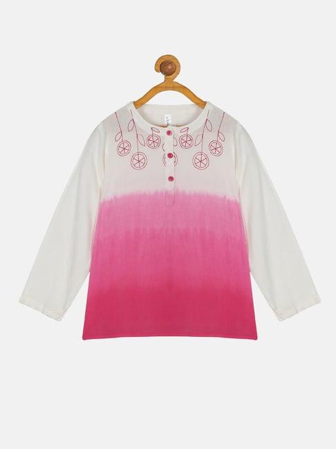 kiddopanti kids white & pink color block full sleeves kurta