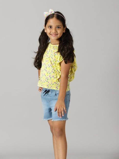 kiddopanti-kids-yellow-&-blue-floral-print-top-with-shorts
