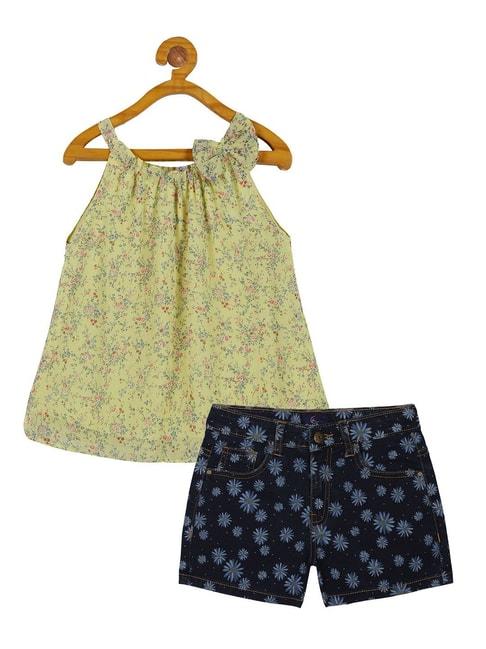 kiddopanti kids yellow & navy floral print top with shorts