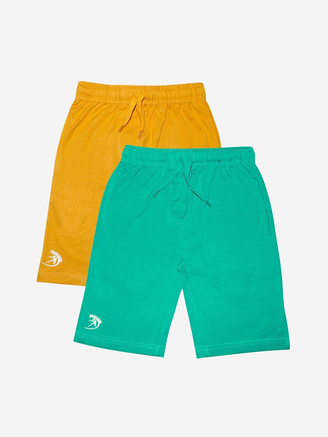 kiddopanti set of 2 boys teal & yellow regular fit cotton shorts