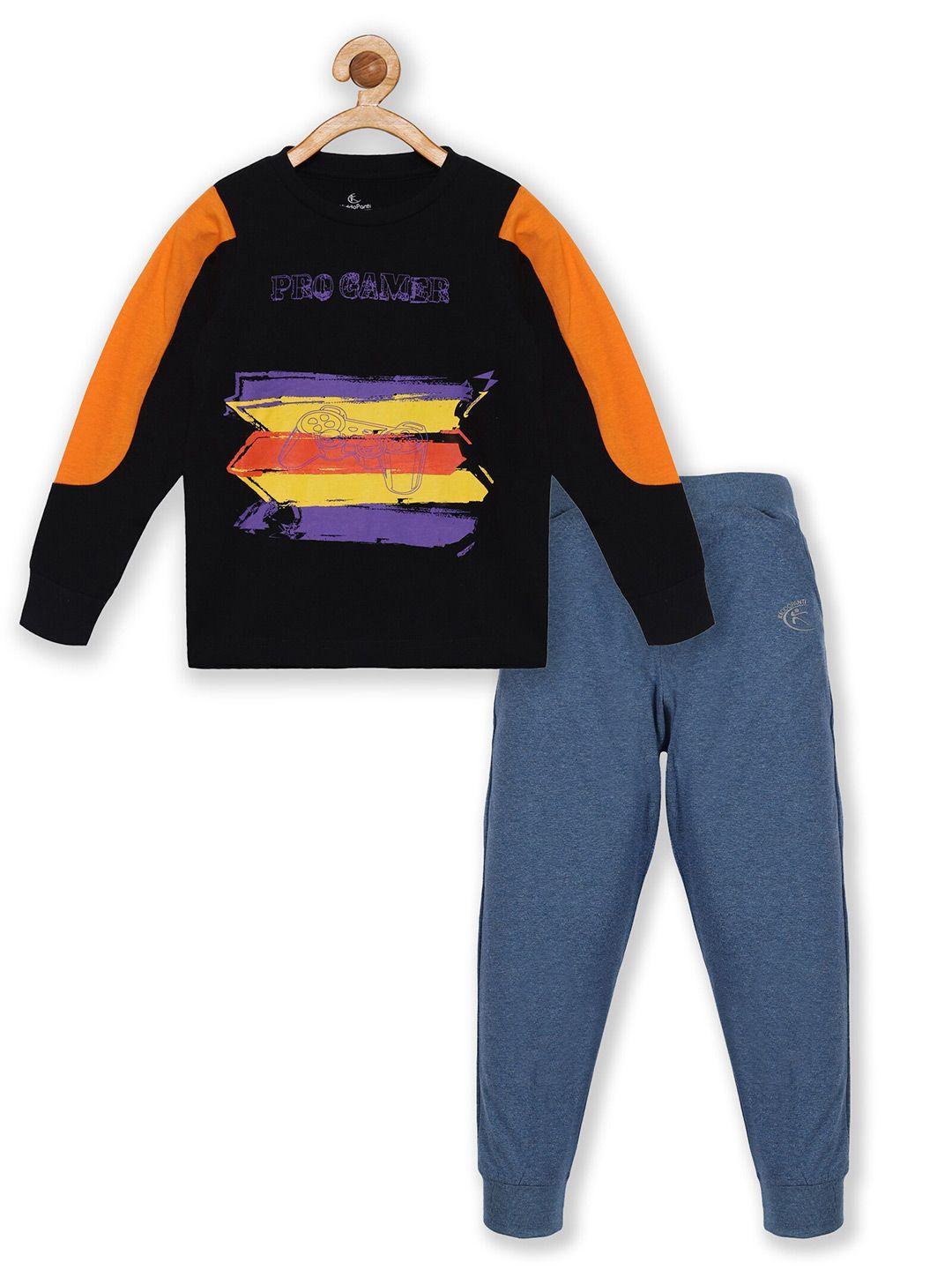 kiddopanti boys black & orange printed pure cotton t-shirt & track pant