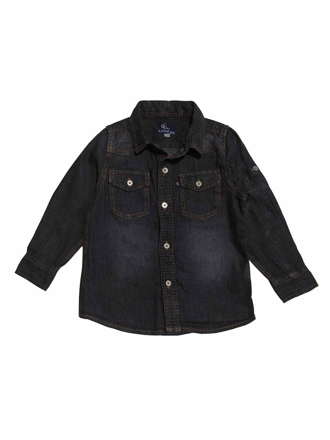 kiddopanti boys black regular fit faded denim casual shirt