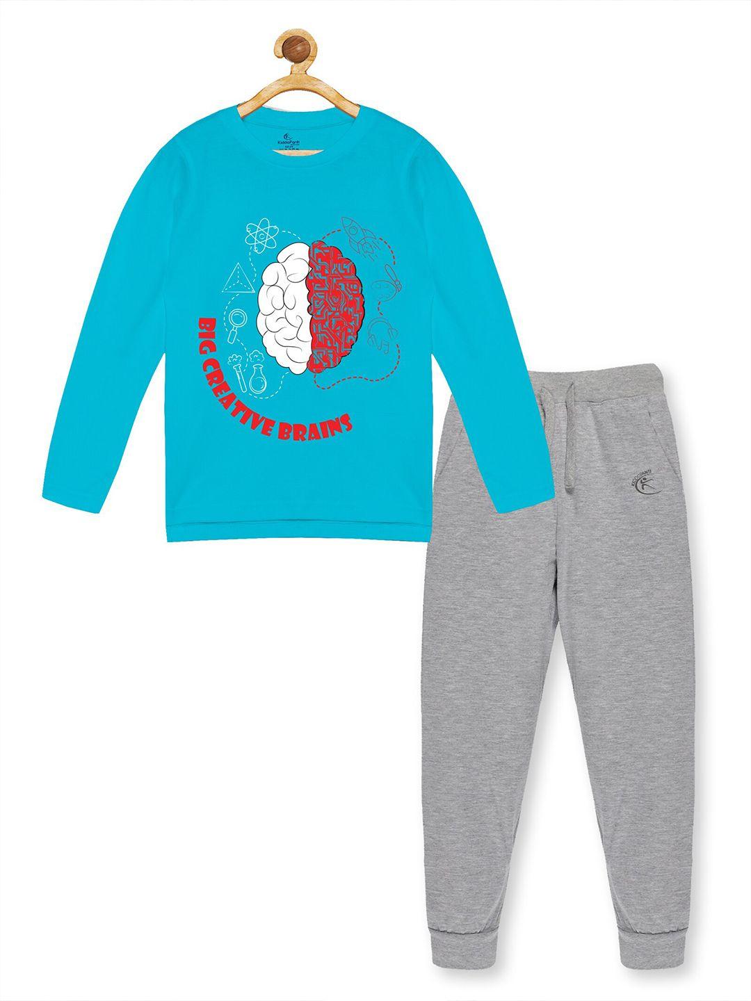 kiddopanti boys blue & grey printed pure cotton t-shirt with trousers