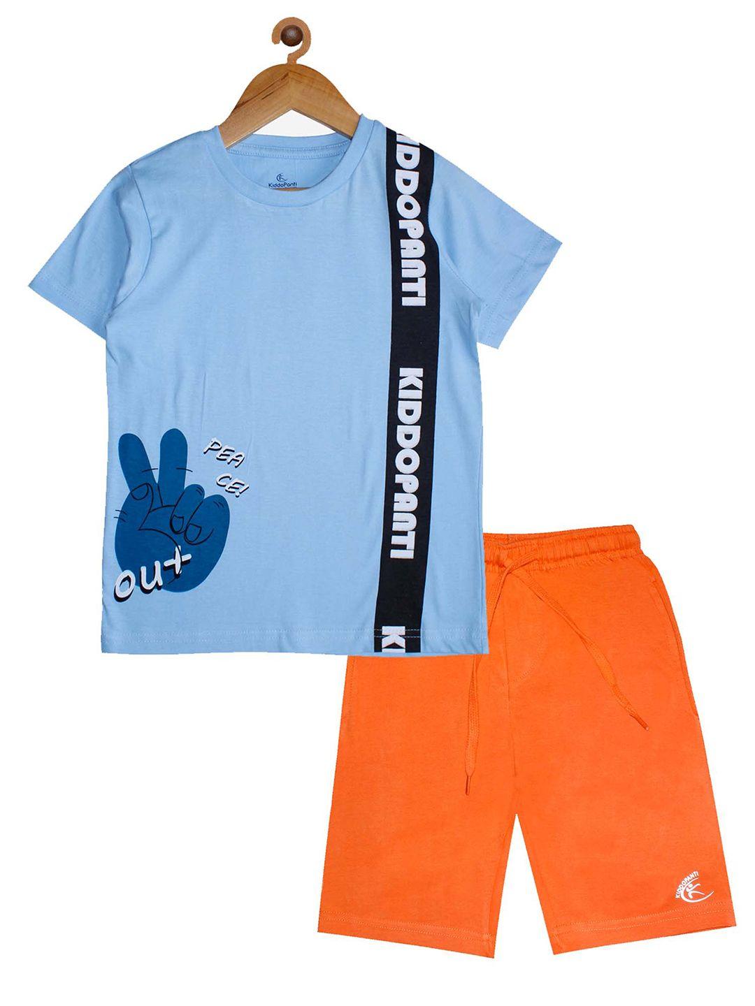 kiddopanti boys blue & orange printed t-shirt with shorts