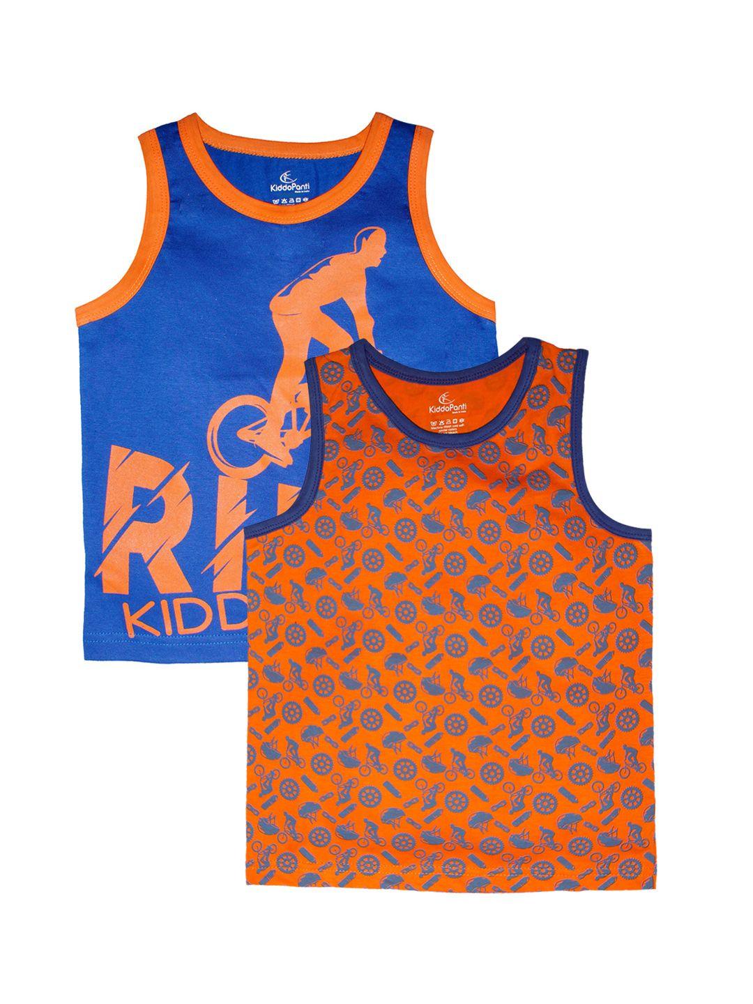 kiddopanti boys blue & orange set of 2 printed round neck t-shirt