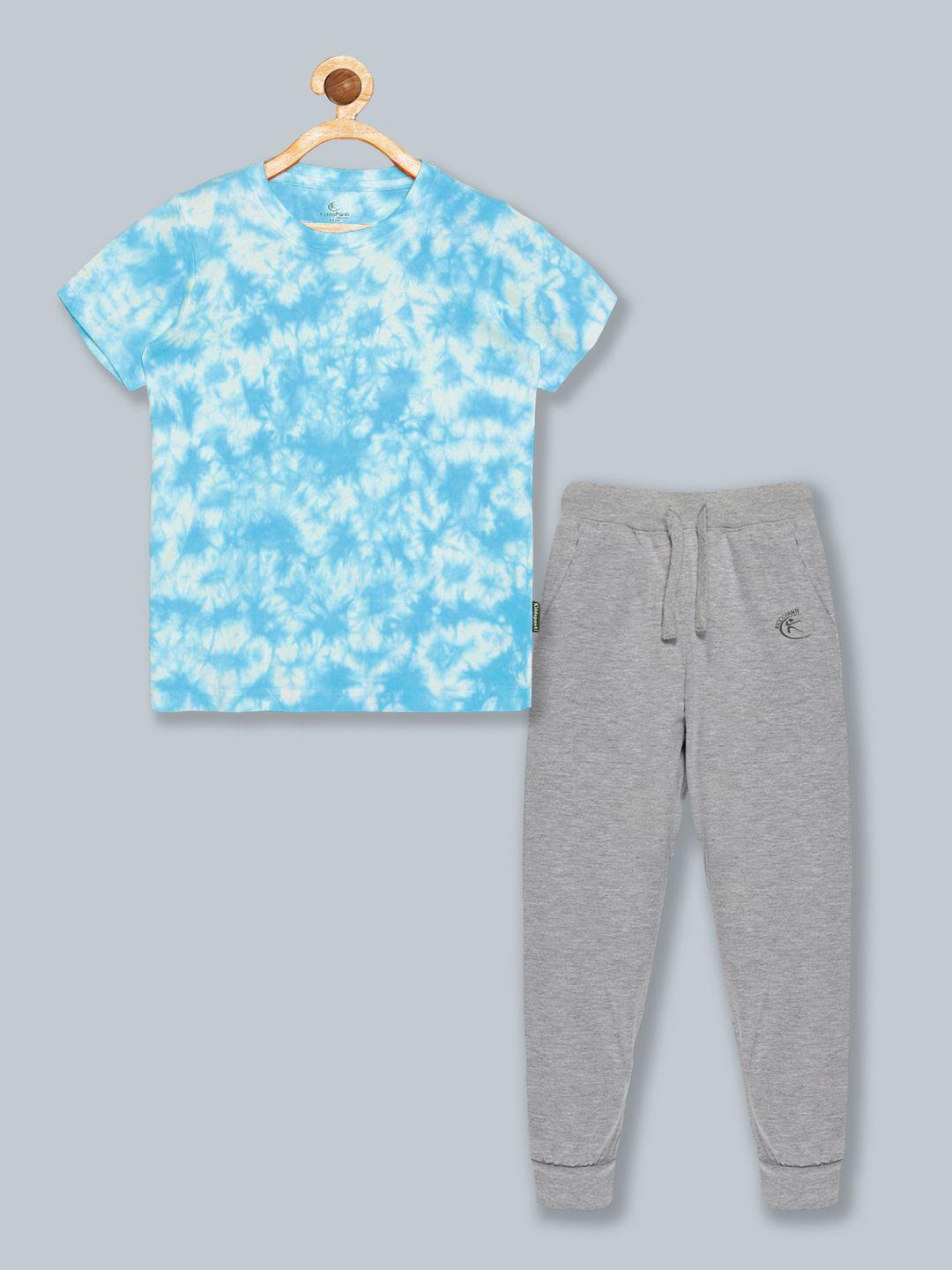 kiddopanti boys blue & white printed t-shirt with trousers