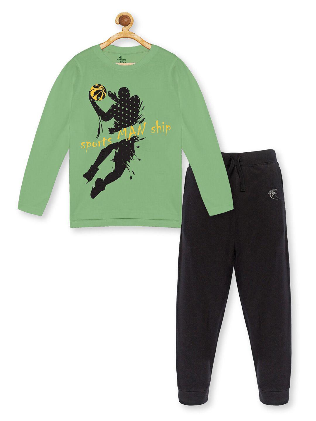 kiddopanti boys green & black printed pure cotton t-shirt with trousers