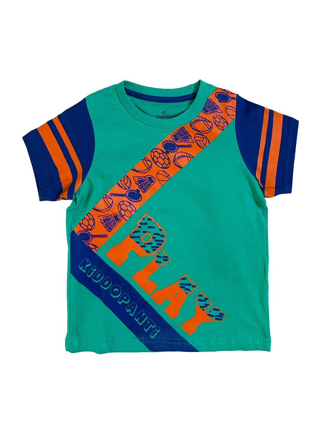 kiddopanti boys green printed round neck t-shirt