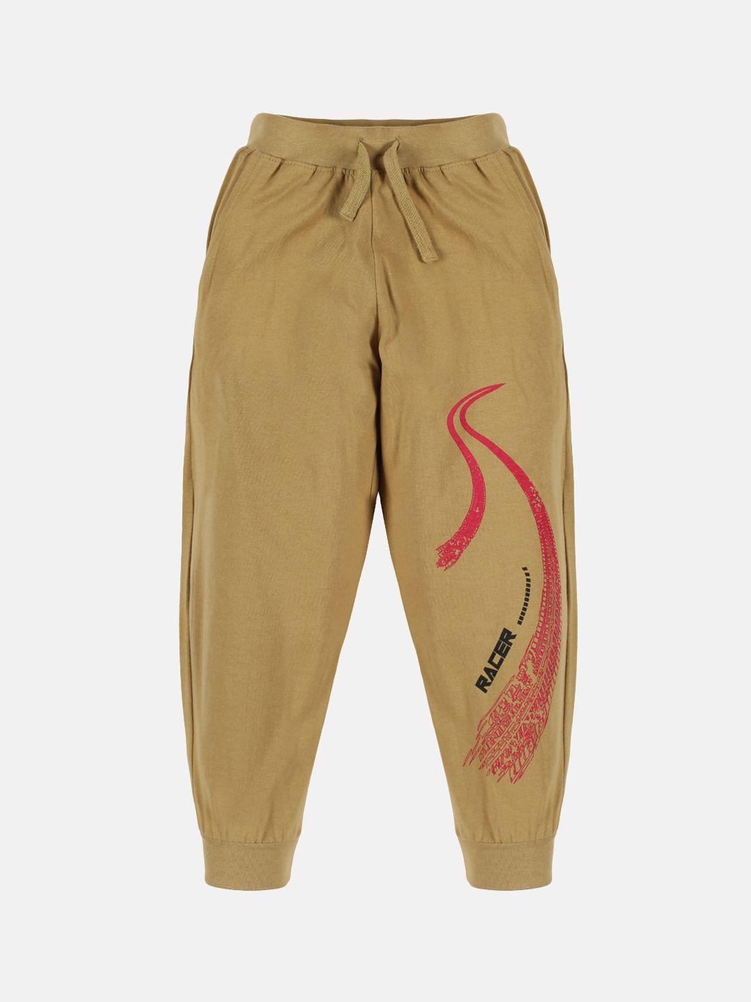 kiddopanti boys khaki printed pure cotton joggers