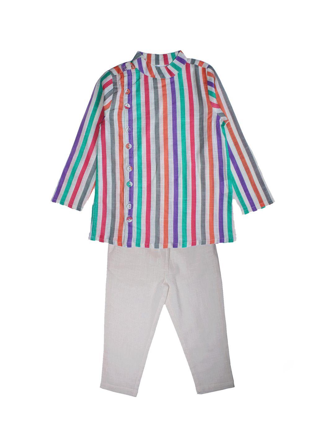 kiddopanti boys multicoloured & grey striped pure cotton kurta set