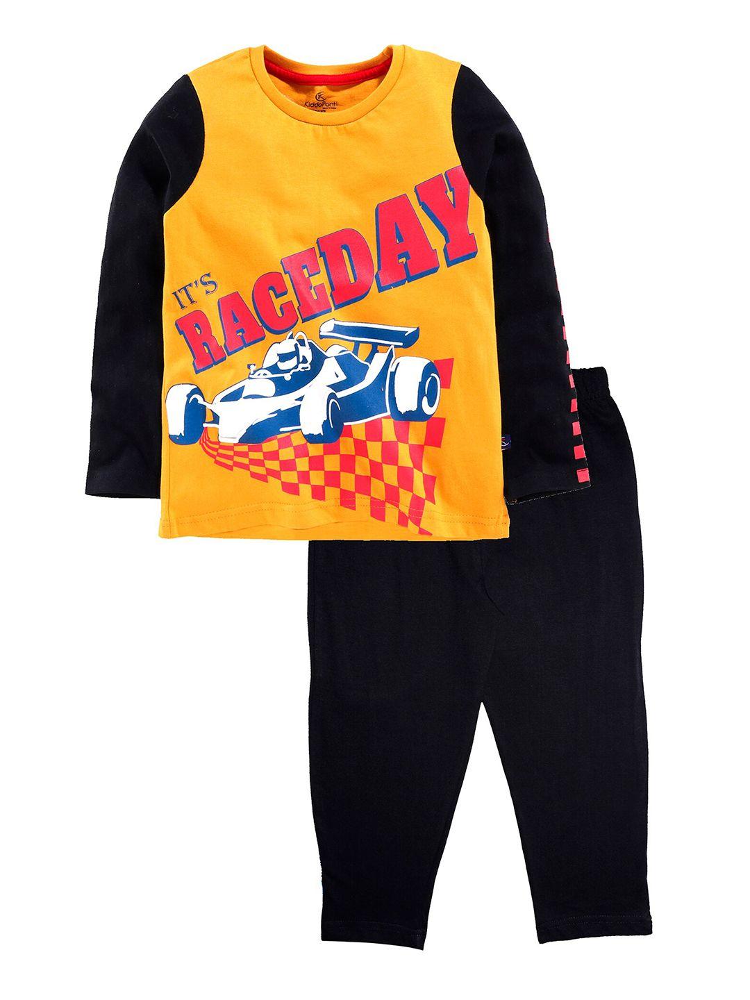 kiddopanti boys mustard & black printed night suit
