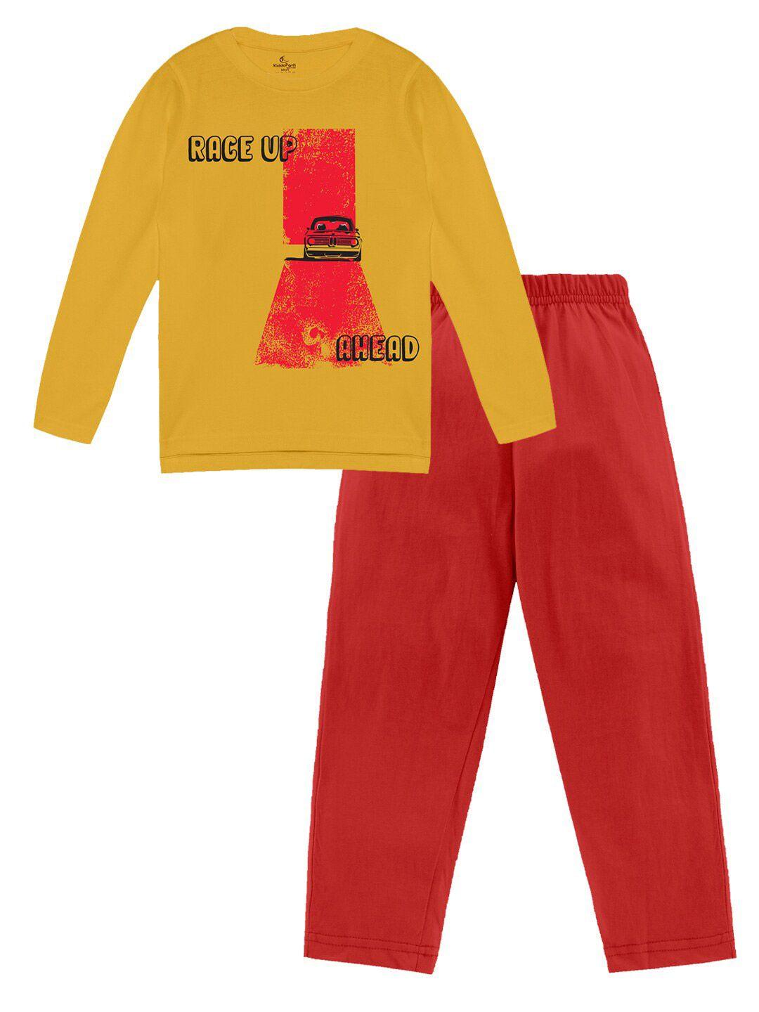 kiddopanti boys mustard & red printed t-shirt with pyjamas