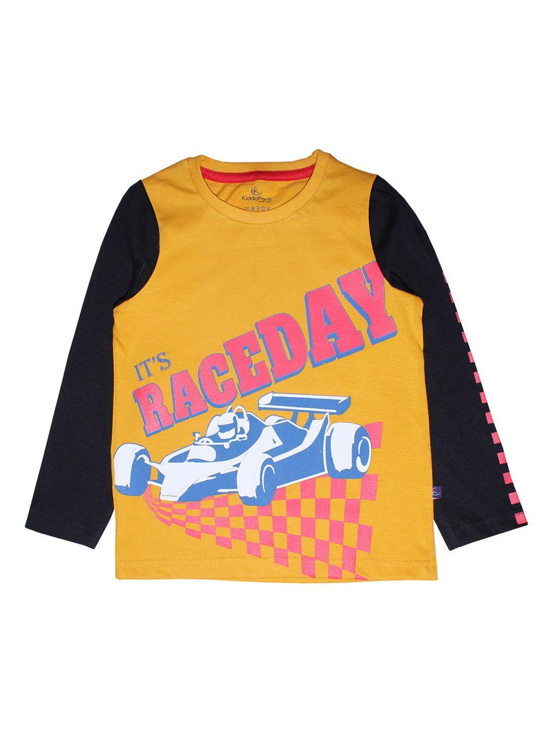 kiddopanti boys mustard printed round neck t-shirt