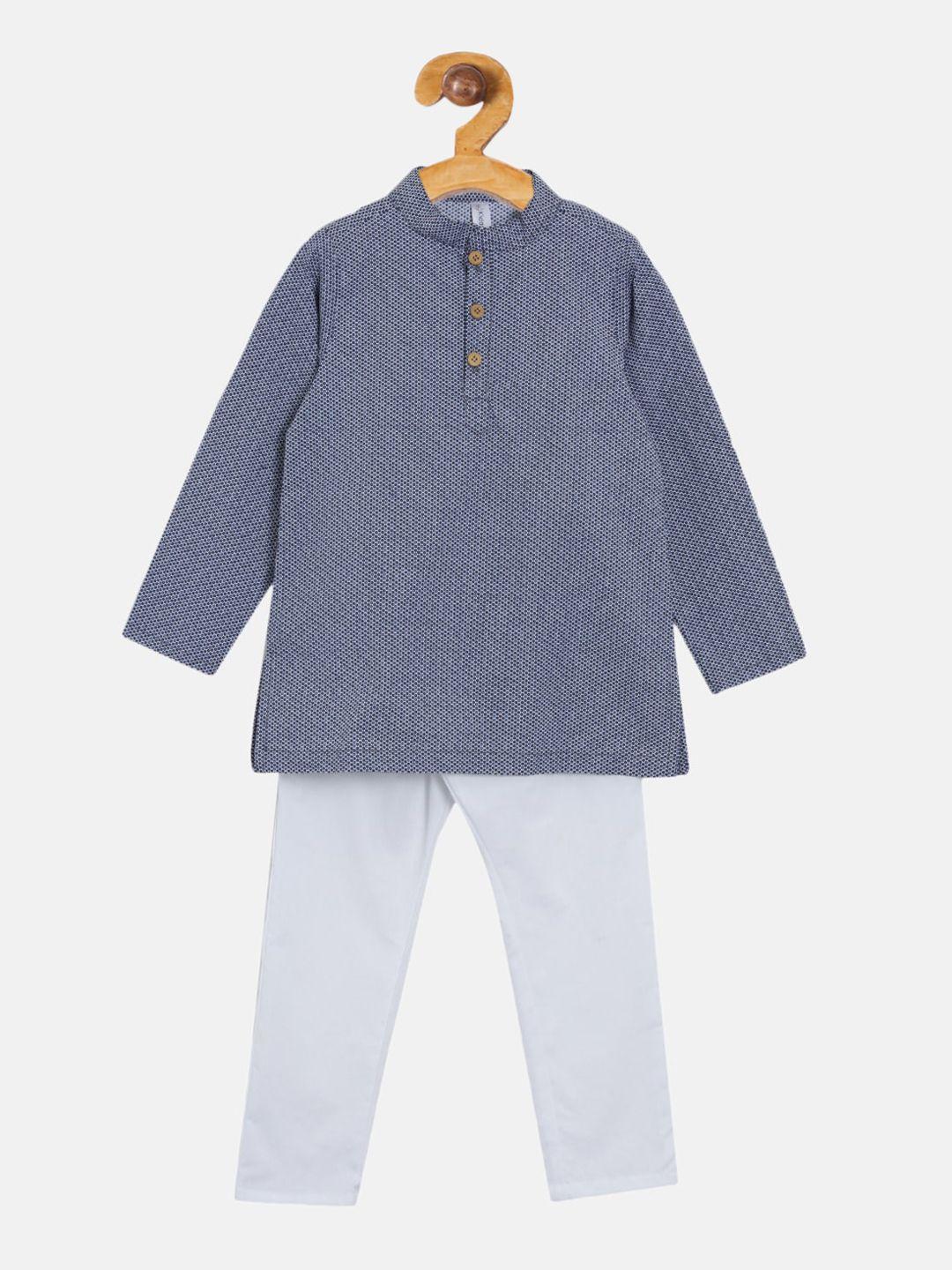 kiddopanti boys navy blue & white printed kurta with pyjamas
