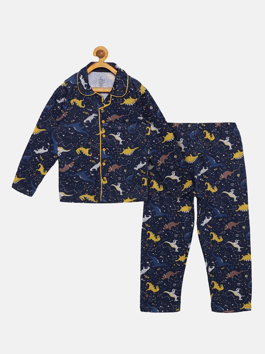 kiddopanti boys navy blue & yellow printed pure cotton night suit