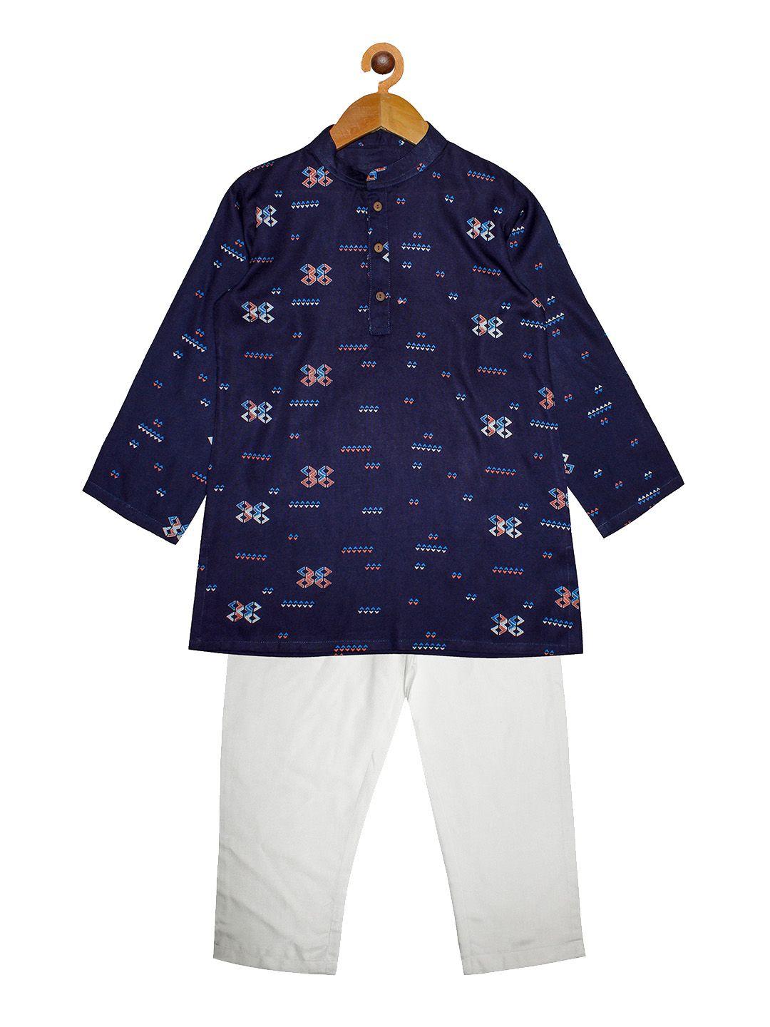 kiddopanti boys navy blue printed kurta with pyjamas