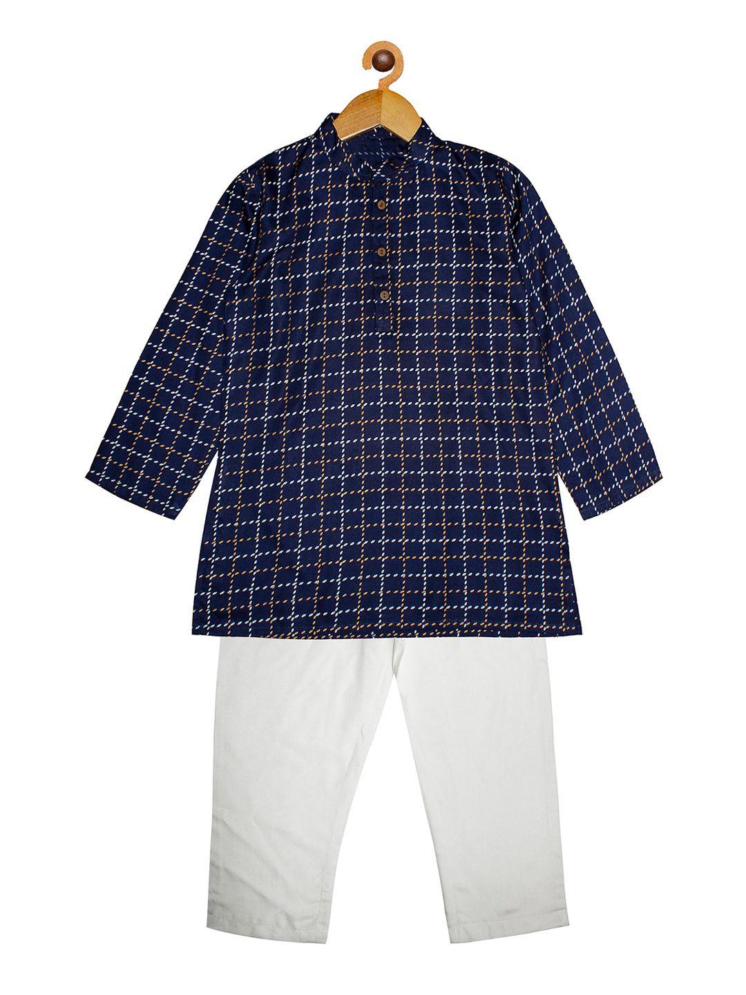 kiddopanti boys navy blue printed kurta with pyjamas