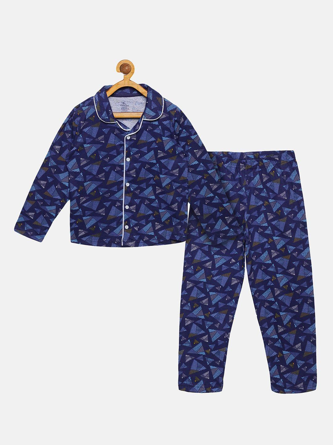 kiddopanti boys navy blue printed night suit