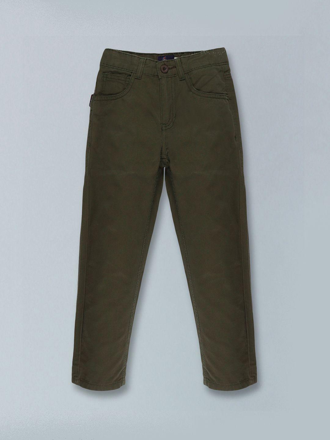 kiddopanti boys olive green solid casual trousers