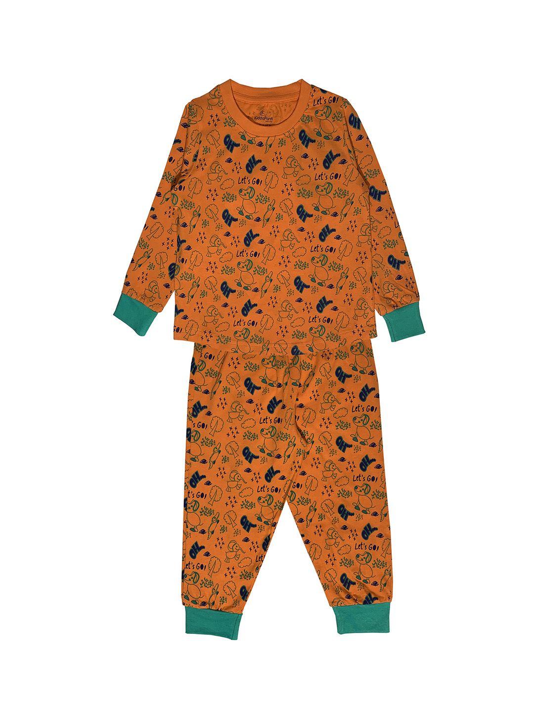 kiddopanti boys orange & green animal aop printed night suit