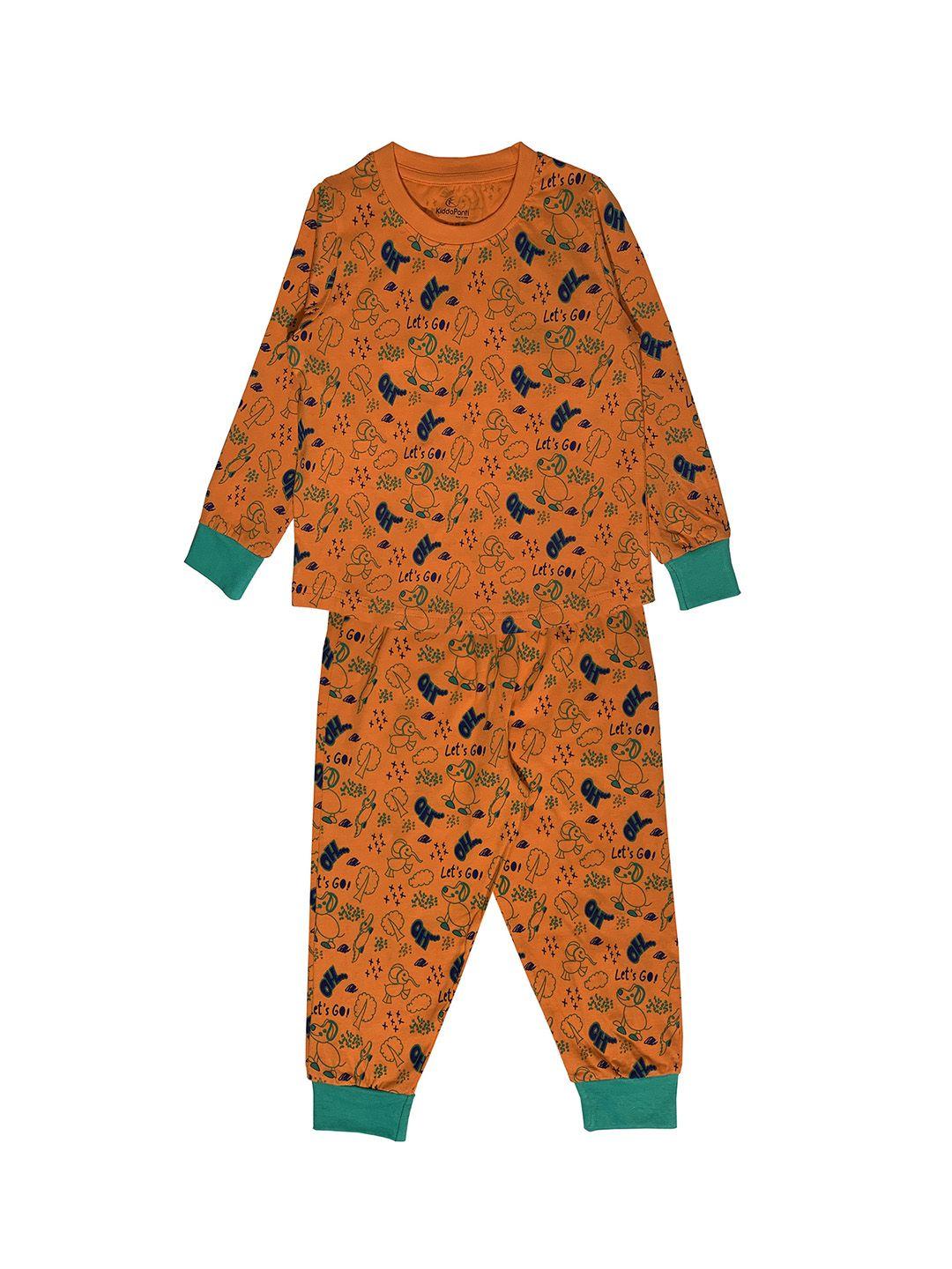 kiddopanti boys orange & green animal aop printed night suit