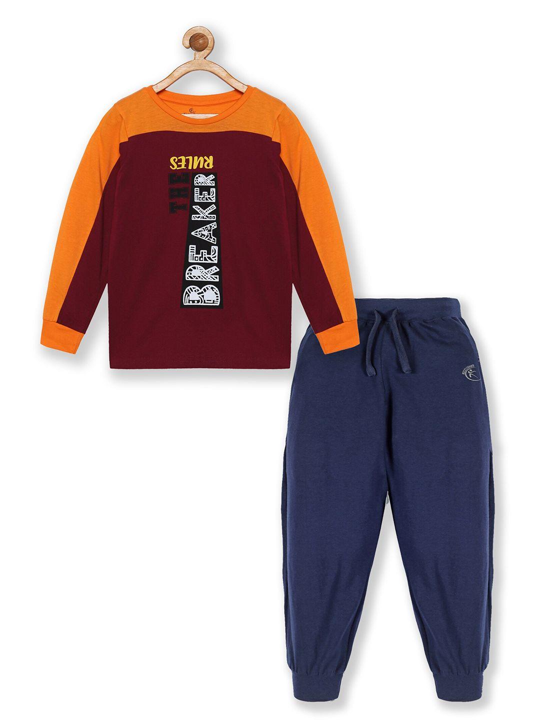 kiddopanti boys orange & maroon printed pure cotton t-shirt & track pant