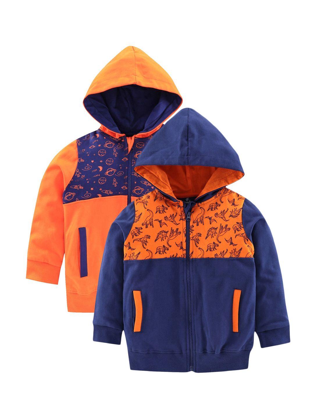 kiddopanti boys orange & navy blue printed hooded sweatshirt pack of 2