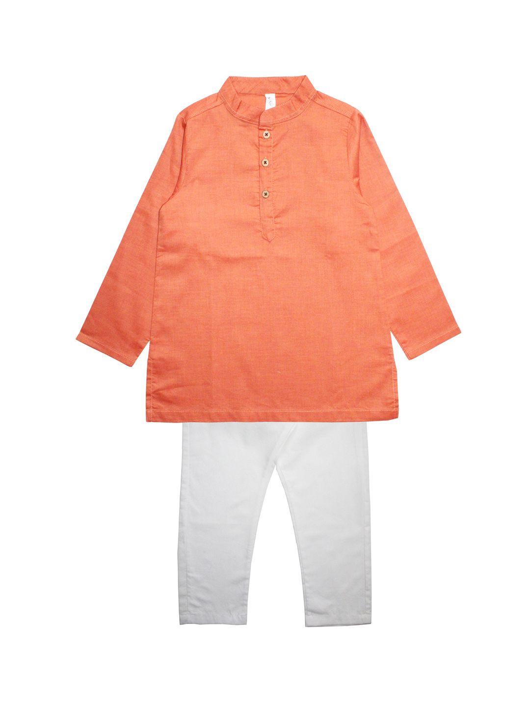 kiddopanti boys orange & white solid kurta with pyjamas