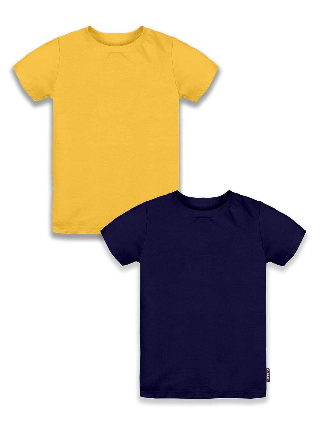 kiddopanti boys pack of 2 mustard yellow & navy blue pure cotton t-shirt