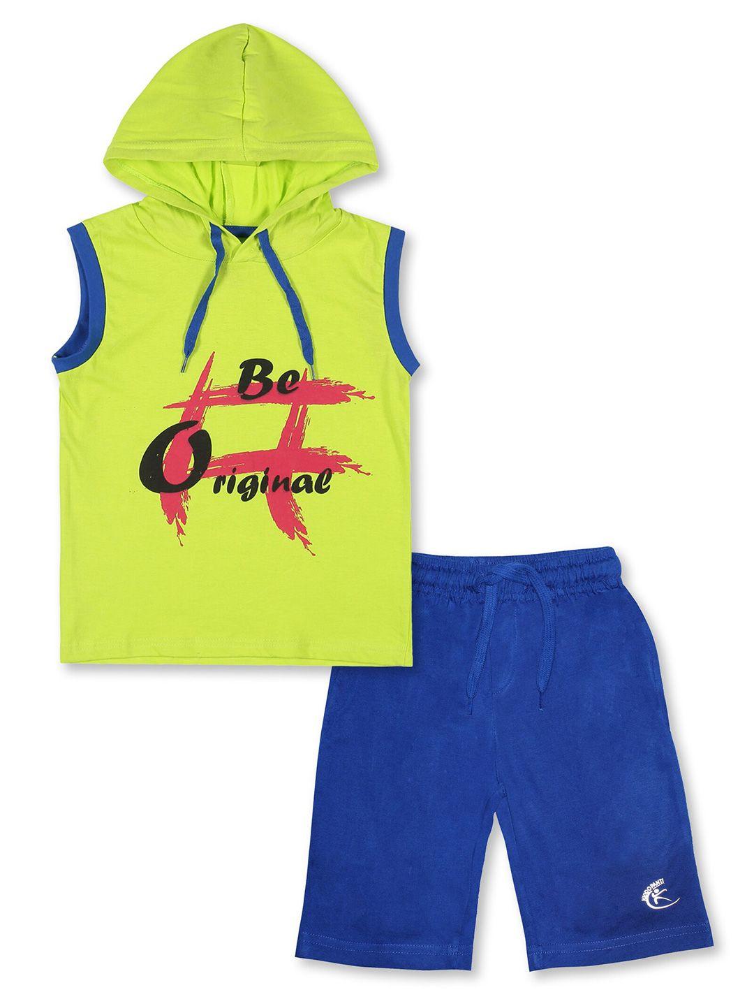 kiddopanti boys printed hooded sleeveless pure cotton t-shirt with shorts