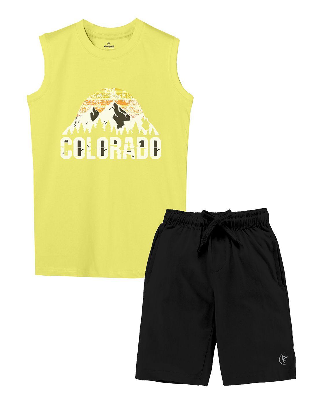 kiddopanti boys printed pure cotton sleeveless t-shirt with shorts