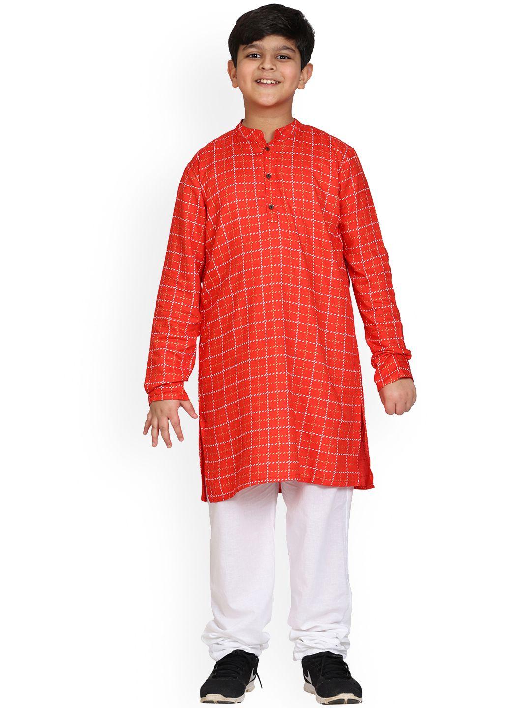 kiddopanti boys red printed kurta with pyjamas