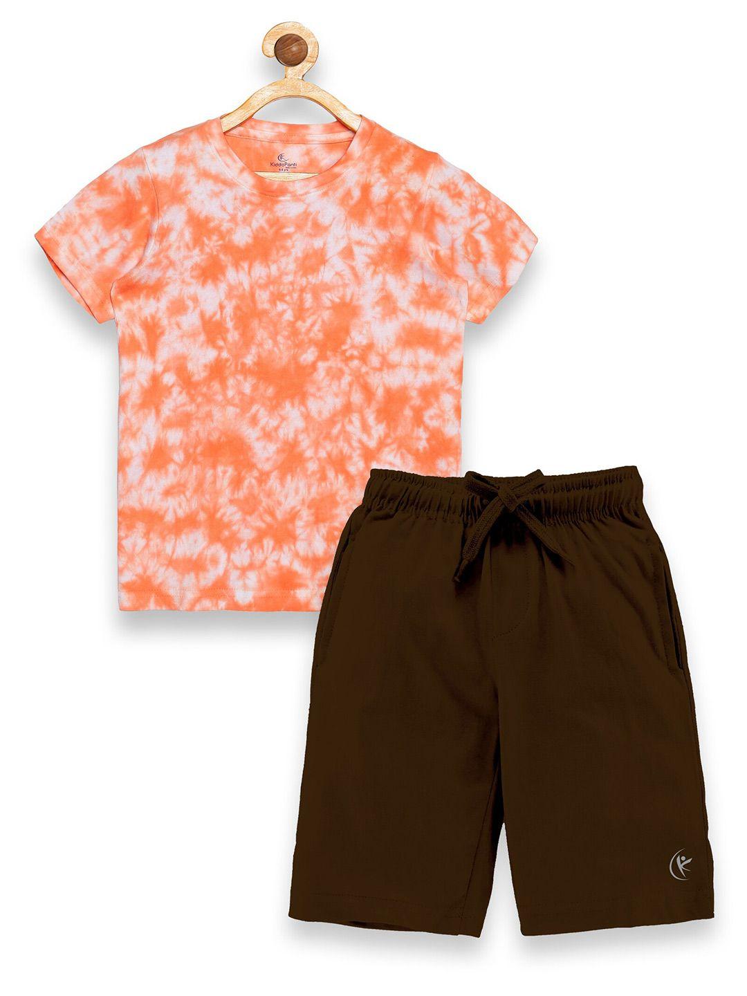 kiddopanti boys rust & brown printed pure cotton t-shirt with shorts