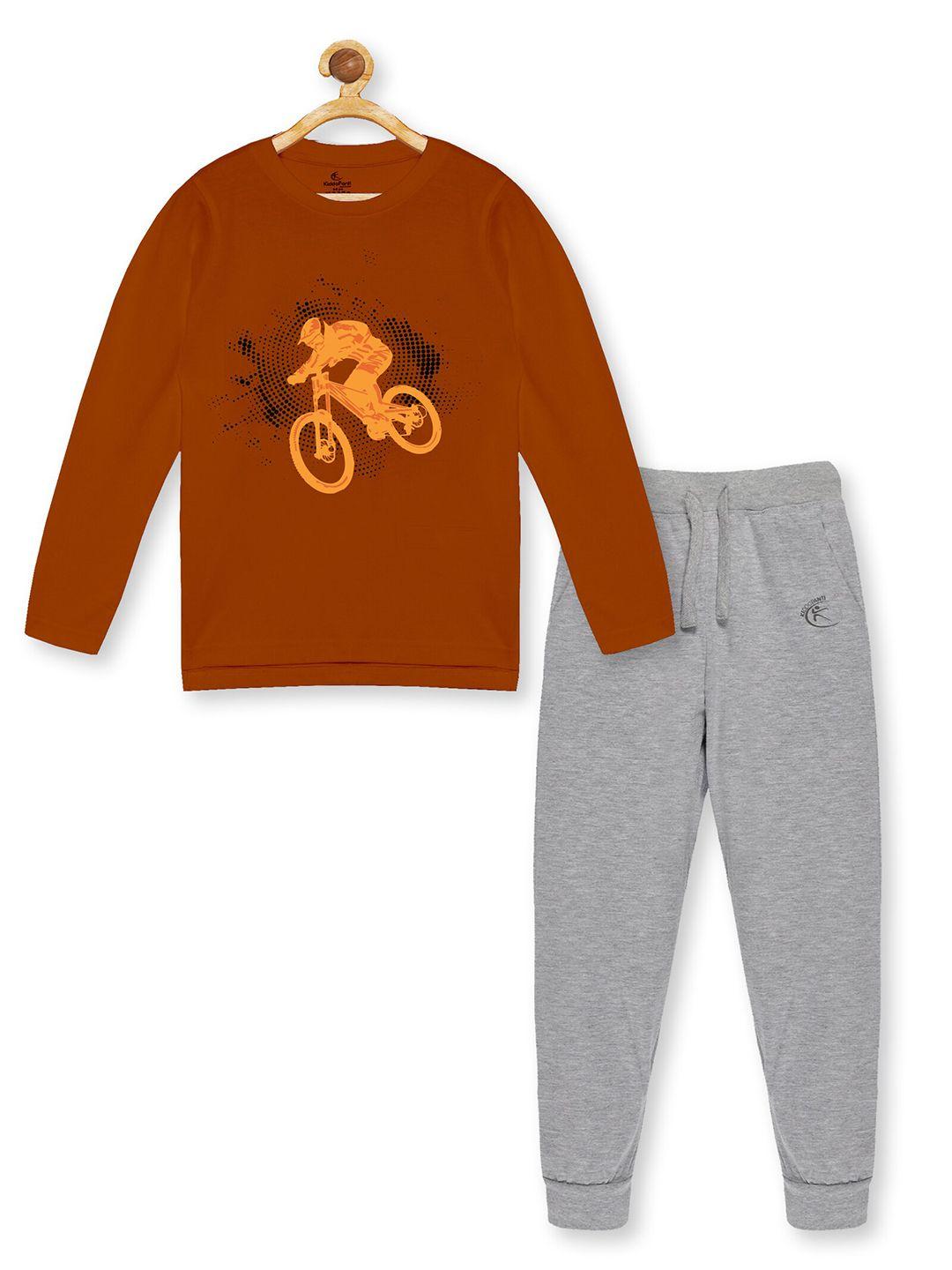 kiddopanti boys rust & grey melange printed pure cotton t-shirt with trousers