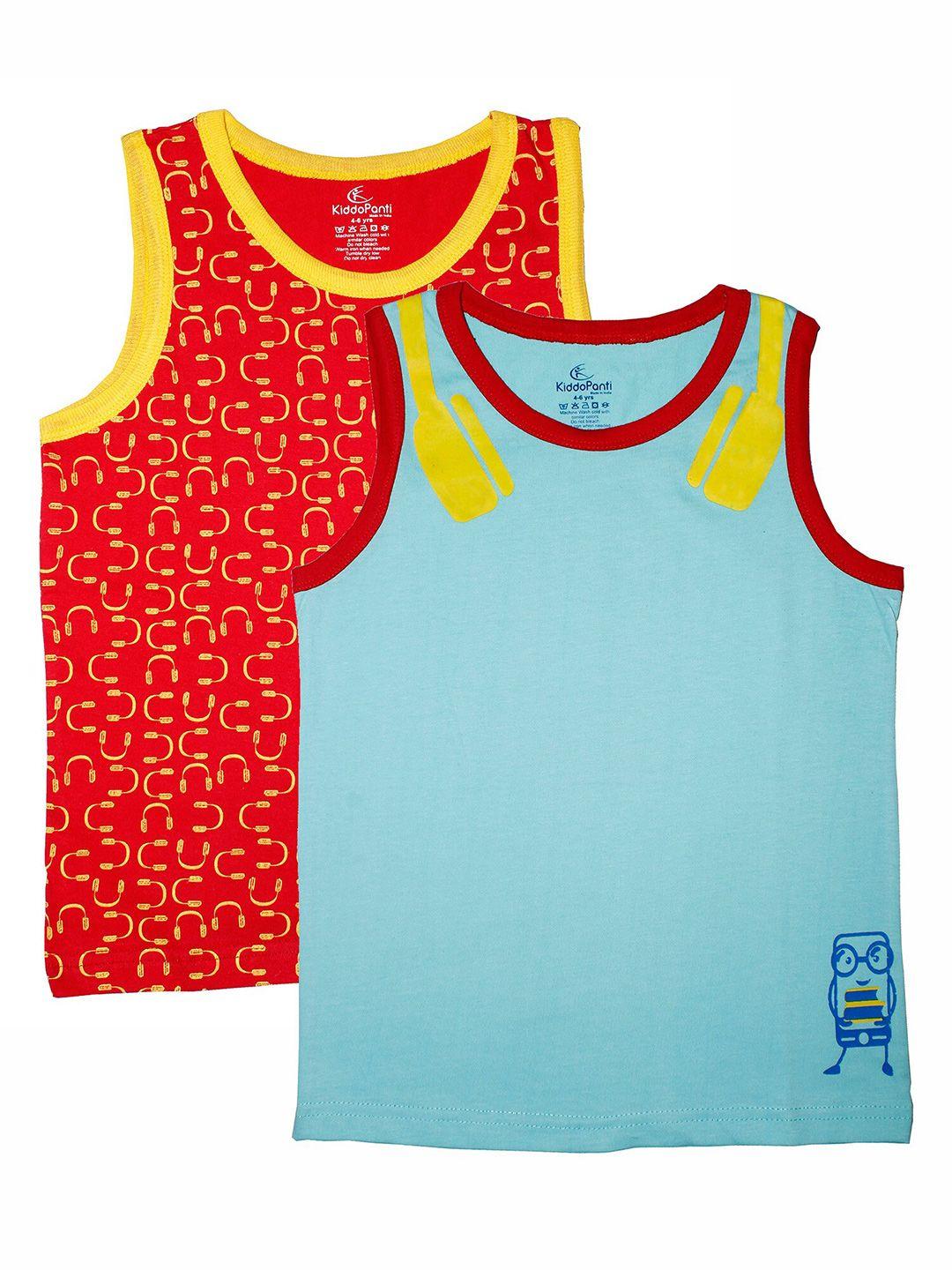 kiddopanti boys turquoise pack of 2 sleeveless printed t-shirts