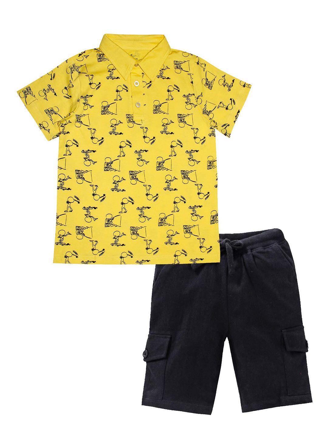 kiddopanti boys yellow & black printed pure cotton t-shirt with shorts