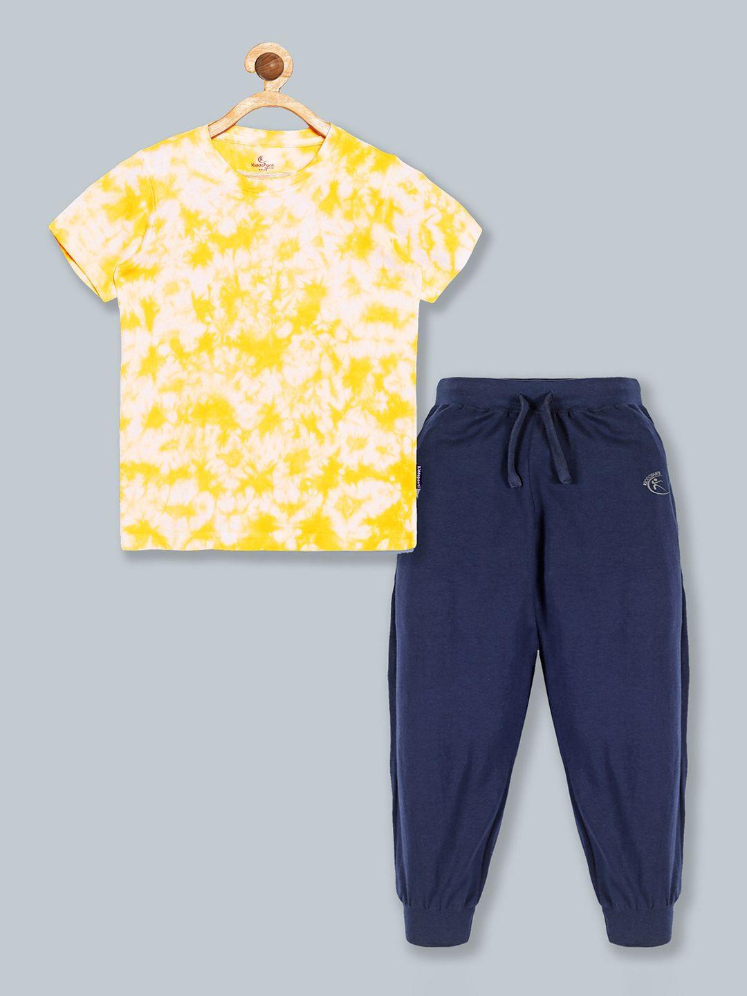 kiddopanti boys yellow & blue dyed cotton t-shirt with track pant