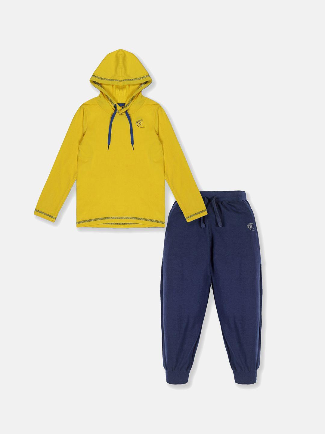 kiddopanti boys yellow & navy blue t-shirt & solid track pant set