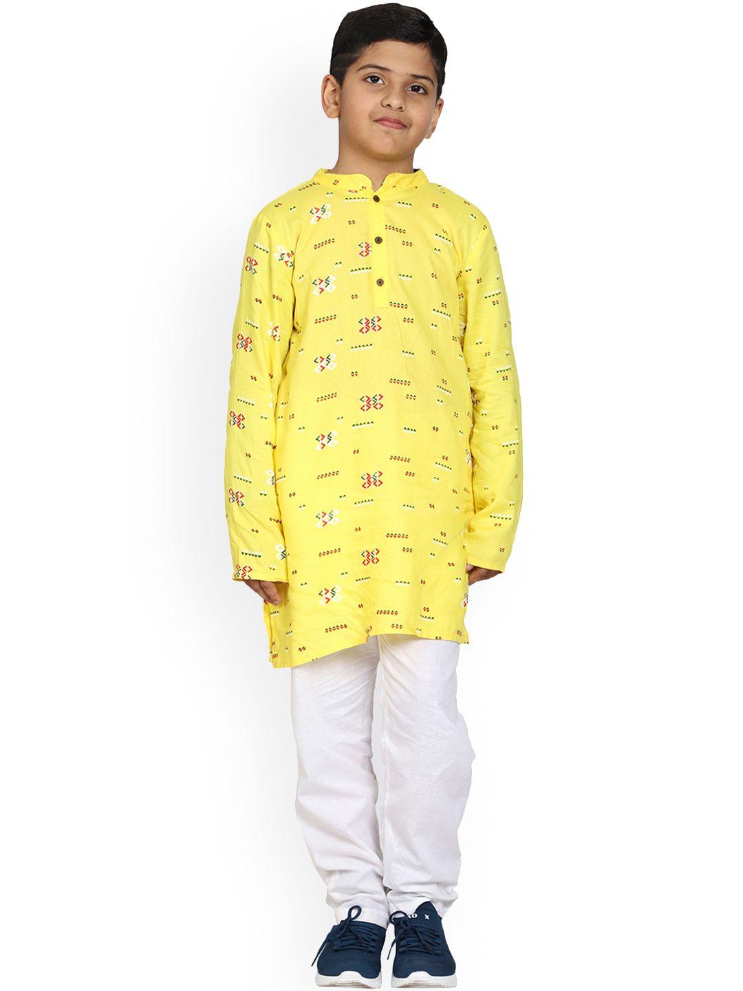 kiddopanti boys yellow printed kurta with pyjamas