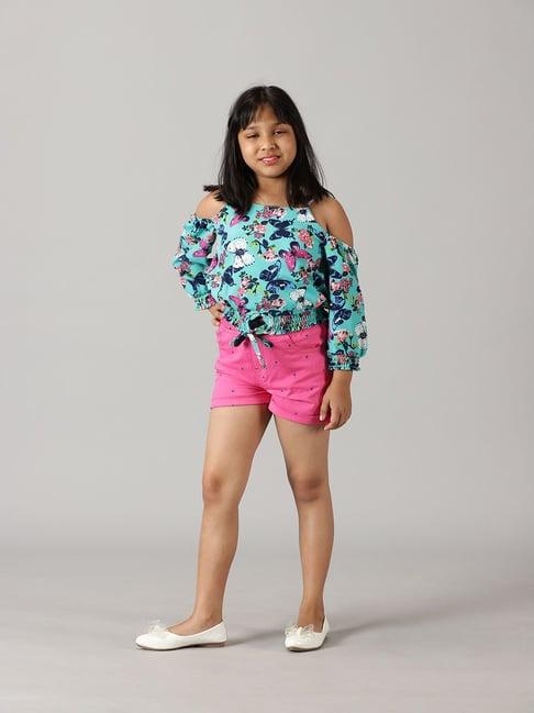 kiddopanti kids aqua blue & pink printed top with shorts