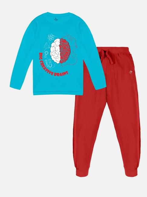 kiddopanti kids aqua blue & red printed full sleeves t-shirt with trackpants