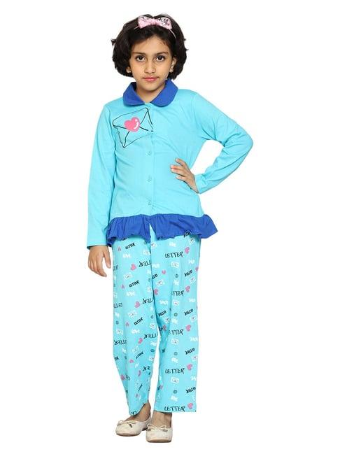 kiddopanti kids aqua blue printed full sleeves shirt with pyjamas