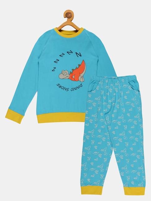 kiddopanti kids aqua blue printed full sleeves t-shirt with pyjamas