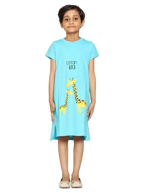 kiddopanti kids aqua blue printed night dress