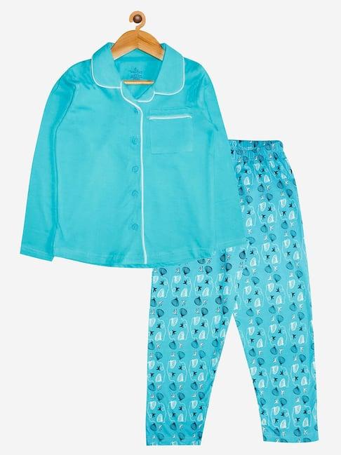 kiddopanti kids aqua blue printed shirt with pyjamas