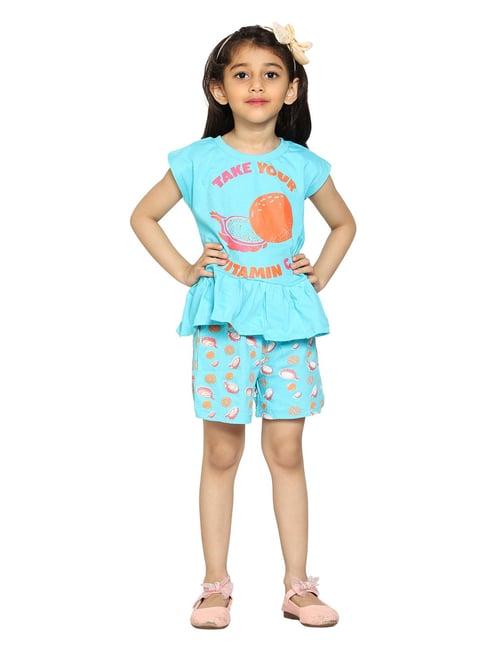 kiddopanti kids aqua blue printed t-shirt with shorts