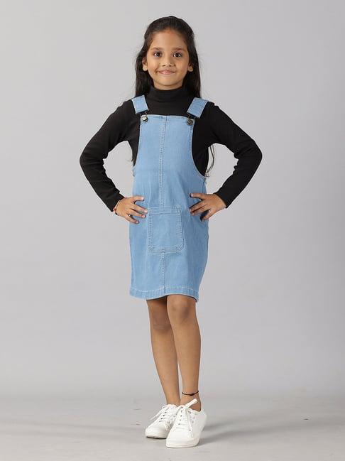 kiddopanti kids black & blue solid full sleeves top with dungaree skirt
