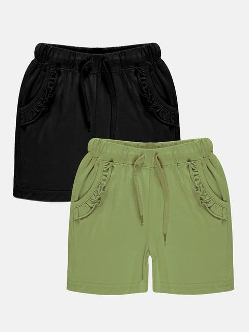 kiddopanti kids black & green solid shorts (pack of 2)