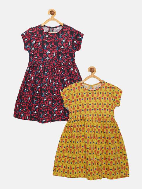 kiddopanti kids black & mustard printed dress (pack of 2)