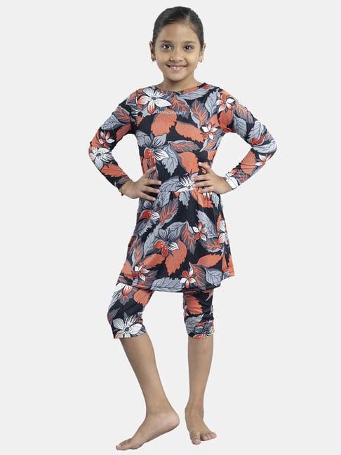 kiddopanti kids black & peach floral print full sleeves swim dress